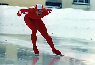 Jaromir Radke in actie tijdens een schaatswedstrijd (worldcup) in Davos, Zwitserland