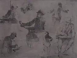 Emile Claus aan het werk; zeven houdingen (ca. 1924); ets