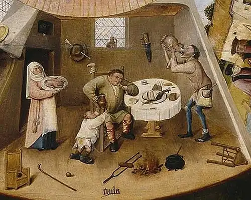 Omgeving van Jheronimus Bosch, Gula (detail van De zeven hoofdzonden), begin 16e eeuw, Prado, Madrid