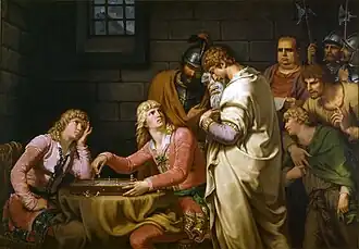 Konradijn van Zwaben (links) en Frederik van Baden (rechts) krijgen tijdens het schaken te horen dat ze ter dood veroordeeld zijn.