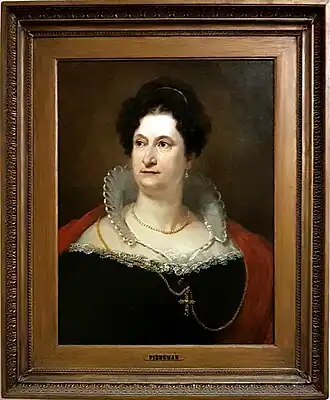 Wattier op 57-jarige leeftijd als gevierde actrice in de portrettengalerij van de Stadsschouwburg Amsterdam. Olieverfschildering door J.W. Pieneman, 1819 (2 versies)
