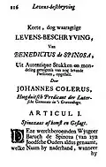 Johannes Colerus: Korte, dog waaragtige Levens-beschrijving, van Benedictus de Spinosa, Amsterdam, 1732, begint bij p 116