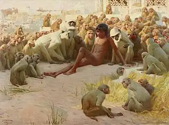 Mowgli wordt tot leider van de Bandar-log benoemd. Schilderij van John Charles Dollman (1903).