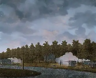 Grenspaal bij Vreeswijk aan het water op Vuurgevecht aan de Vaartsche Rijn bij Vreeswijk tussen de troepen van de stadhouder (links) en de Utrechtse patriotten (rechts), 9/5/1787. Verguld glas (verre églomisé), Jonas Zeuner, Rijksmuseum Amsterdam.