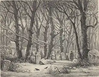 Tekening uit 1870 van de begraafplaats, door Johannes Hendrik van West