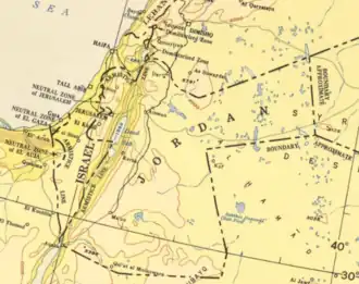 Een kaart van Israël, Jordanië, inclusief de Westelijke Jordaanoever, en de demarcatielijnen in 1955.