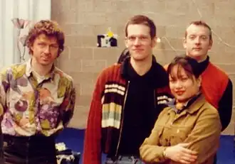 V.l.n.r. Jos van der Meulen, Jackson & Roodbol en Jan Neggers (rechts achter) in Antwerpen, 1994