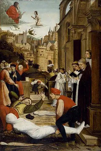 Sint-Sebastiaan bidt voor de pestlijders, 1497 van Josse Lieferinxe
