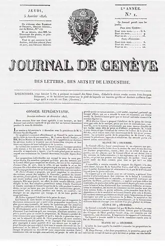 Eerste uitgave van de nieuwe Journal de Genève in 1826.