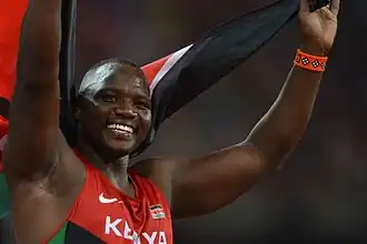 Julius Yego viert zijn wereldtitel in 2015 in Peking.