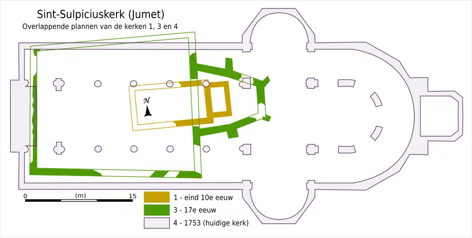 Grondplan van de kerken uit de 10e eeuw, de 17e eeuw de huidige kerk sinds 1753