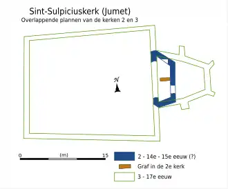 Grondplan van het koor uit de 14-15e eeuw en de kerk uit de 17e eeuw
