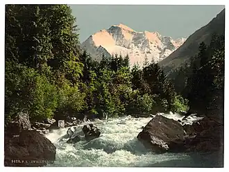 19e-eeuws beeld van de Lütschine bij Zweilütschinen met op de achtergrond de Jungfrau.