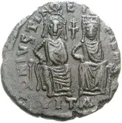 Munt met afbeelding van Justinus II en Sophia. Geslagen ca. 574/5-577/8