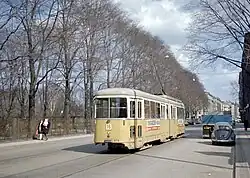 Gelede wagen 878 op lijn 16 op de Vesterbro, Ny Carlsberg / Slesvigsgade / Enghaven; 24 april 1970.