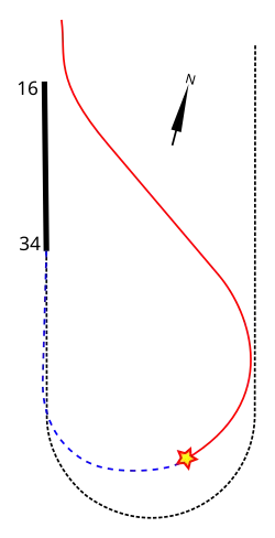 De aanbevolen aanvliegroute voor baan 34 (zwarte gestippelde lijn) en de gevolgde route (rode lijn).