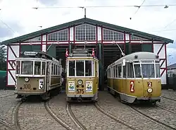 Drie Kopenhagense trams: motorwagen 100 als lijn 3, motorwagen 575 als Kastrup Fort Linien en motorwagen 701 als lijn 2 voor de Valby Gamle Remise; 18 augustus 2007.