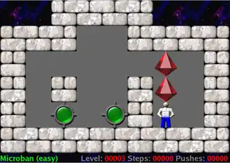 Een screenshot van een Sokobankloon. De speler moet de rode "dozen" naar de groene doelen duwen.