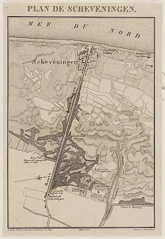 Dorpskaart van Scheveningen met rechts Het Kanaal (1832)