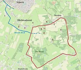 1=Nordengoed 2=Westphalingsgoed 3=Bloemengoed en Bouwman 4=Bramengoed 5=Ehrental 5a=Klein Ehrental 6=De Neude 7=Veluws keuterijtje 8=Schavenouw 9=Groot Ehrental 10=Wijngaard aan de Breede Beek