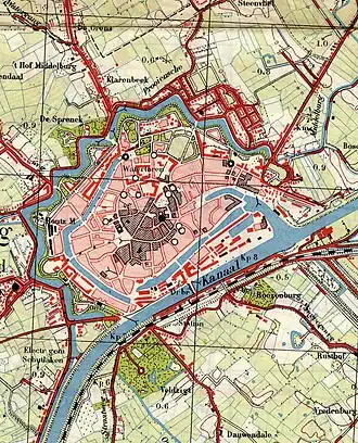 Duitse topografische kaart van Middelburg. Het verwoeste gedeelte is gearceerd.