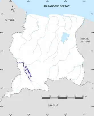 Kaart van De Coeroeni Rivier in Suriname, door Guyana Nieuwe Rivier genoemd (zie grenzen van Suriname)