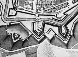 Duitse Poort (r) met ravelijn (116), bastions (109, 111) en lunetten (117, 118), 1749.