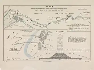 Twee kaarten en een doorsnede-aanzicht met ontwerpen voor de Nieuwe Waterweg. Boven een kaart (schaal 1:50.000) met voorgestelde waterbouwkundige ingrepen vanaf de Noordzeekust tot en met Krimpen aan de Lek. Linksonder een kaart (schaal 1:25.000) over de doorsteek door de Hoek van Holland. Rechtsonder een doorsnede-aanzicht (schaal 1:200) van het havenhoofd en daarop geplaatste lichttoren.