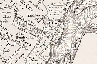 Kaart uit 1759 met de vermelding van de ‘Ruïne van ’t H. Wyenrade’