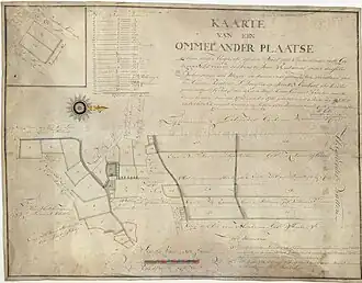 Kaart van een Ommelander plaats gelegen onder Usquert met linksboven een inzetkaartje van twee percelen van eigenaar raadsheer Sickinghe, 1783