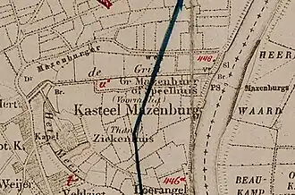 Kaart dateert uit 1890. Het Speelhuis betreft het kasteel Mazenburg. Het vermelde Kasteel Mazenburg slaat op kasteel Boxmeer.