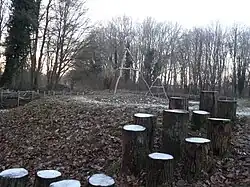 Parcours ("natuurlijke speelplaats") vooral voor kinderen, houten paaltjes en kabelbaan op de foto. Verder een klimboom, betonnen buizen en allerlei evenwichtsbruggetjes van boomstammen alsmede zware keien in een rondje, om op te springen e.d. enz.