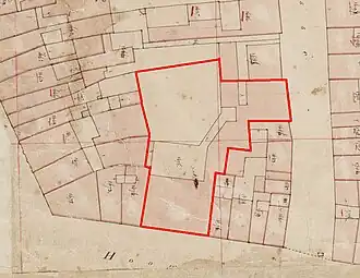 Huis en erf Rouffaer op de kadastrale minuutkaart van 1823-1830. Onderaan de Hoogbrugstraat. Rechts de Wycker Grachtstraat