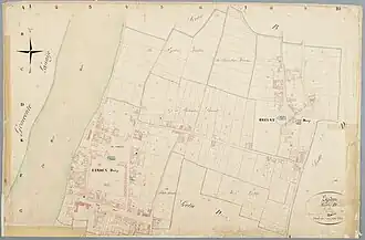 Kadastrale kaart uit 1811-1832 met het Huis Bakvliet (het L-vormige gebouw onderaan). De motte lag op de plek van de ‘Pastory’.