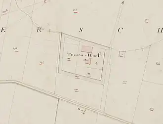 Kadastrale kaart uit begin 19e eeuw, met de omgrachte boerderij