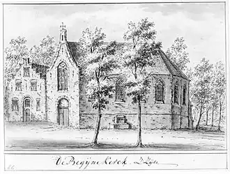 Kapel van het Begijnhof, omstreeks 1725 afgebeeld door Jacobus Stellingwerff