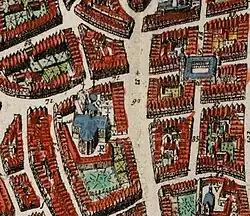 Op dit stadsplan uit 1649 van Joan Blaeu, is de kerk en het klooster te zien links van de Meir. De handelsbeurs is rechts van de Meir te zien