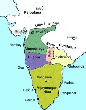 Kaart van het zuiden van India in de 16e eeuw, met daarop de sultanaten van de Dekan en het Vijayanagararijk