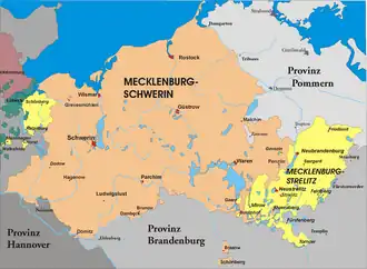 Ratzeburg in geel in het noordwesten van Mecklenburg