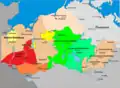 Mecklenburg omstreeks 1300. Neubrandenburg ligt in het roze gebied rechtsonder op de kaart.