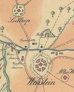 Kaart uit 1630: met open "mond" van de ijzerertsmijn en de Stadtberg
