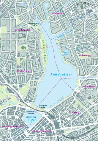 Kaart met Alstermeer en Kleine Alster in Hamburg