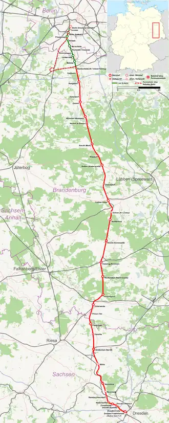 Kaart van de spoorlijn Berlijn - Dresden