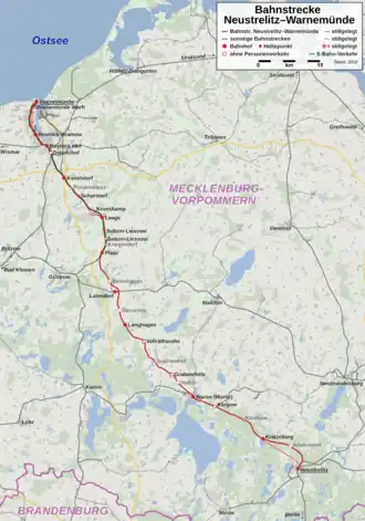 Spoorlijn Neustrelitz - Warnemünde op de kaart