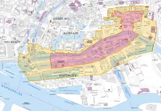 erkenning als werelderfgoed - rood is de beschermde zone, geel de bufferzone