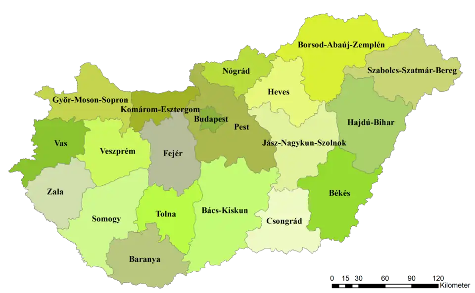Kaart van de 19 comitaten van Hongarije