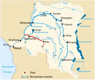De Kasaï (rood) en zijn ligging in de Democratische Republiek Congo.