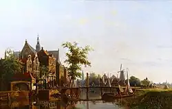 Romantisch Stadsgezicht met gracht en vele figuren