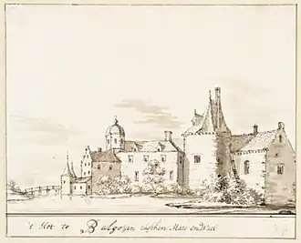 Het Huis te Balgoij, door Jacobus Stellingwerf (circa 1725). De voorstelling berust waarschijnlijk op fantasie.