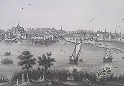 Het oude kasteel van Temse is rechts afgebeeld op het oudste schilderij van Temse - 1621